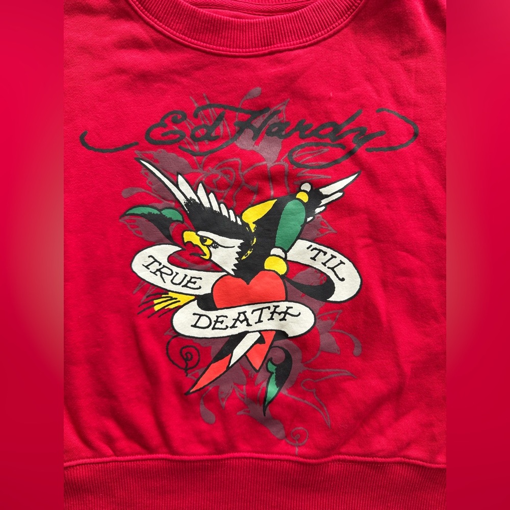 Ed Hardy Women's Red Cropped Graphic Sweatshirt Long Sleeve Casual Size M - Picture 8 of 11